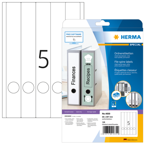 Ordneretiketten für Aktenordner, mit Beschriftungen für "Finanzen" und "Rezepte", inklusive Softwarehinweis. Packungsinhalt: 125 Etiketten.