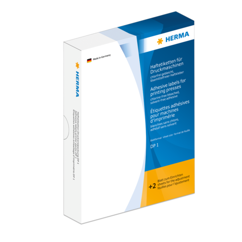 Hefteretiketten für Druckmaschinen in einer Verpackung von HERMA, mit der Aufschrift „DP 1“ und Hinweisen zur Verwendung.