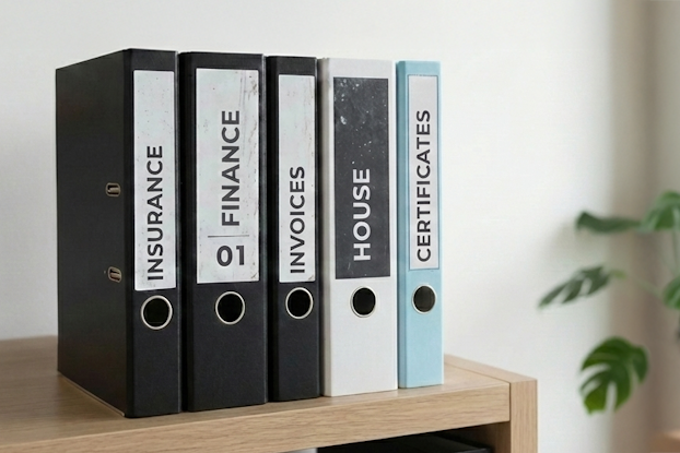 Map op een houten plank, gelabeld met 'Verzekering', 'Financiën', 'Huis' en 'Certificaten'. Op de achtergrond een plant.