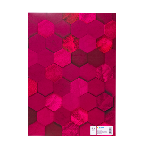 Sechseckige Muster in verschiedenen Rottönen auf einer glänzenden Oberfläche. Ein Etikett befindet sich am unteren Rand.