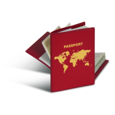 Ein roter Reisepass mit goldener Aufschrift "PASSPORT" und einer Weltkarte auf der Vorderseite, teilweise geöffnet.