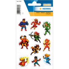 Vrolijke stickers met verschillende superheldenfiguren in dynamische poses, waaronder vechters, een boogschutter en vliegende personages.