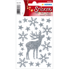 Glitzernde Aufkleber mit einem Rentier und Schneeflocken in verschiedenen Größen und Formen auf einem roten Hintergrund.