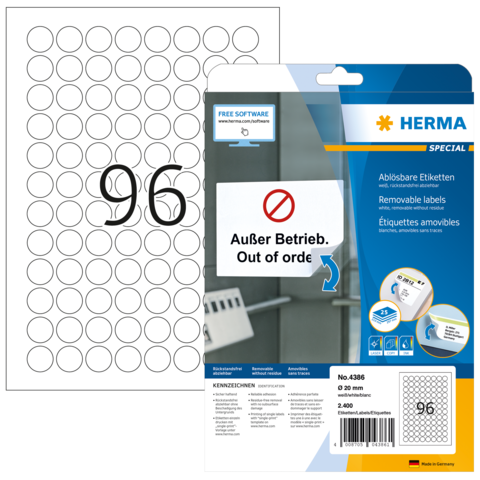 Packung mit ablösbaren Etiketten von Herma, mit der Aufschrift "Außer Betrieb. Out of order." und 96 runden Etiketten.