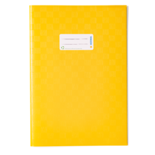 Gelbes Notizbuch mit einer weißen Etikette auf der Vorderseite, die Platz für Beschriftungen bietet.