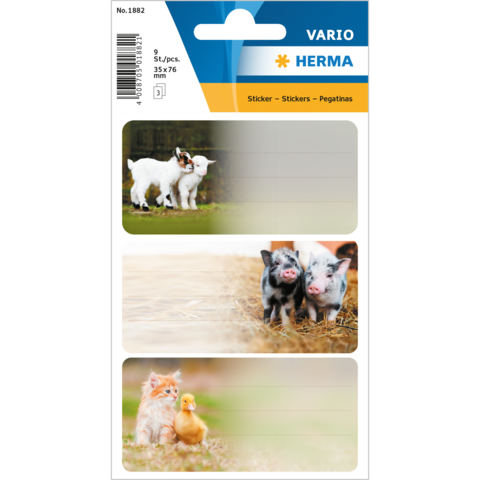 Aufkleber mit drei Bildern: Zwillingslämmer, zwei Ferkel und ein Kätzchen mit einem Entenküken.
