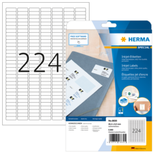 Packung mit Herma Inkjet-Etiketten, Größe 25,4 x 38 mm, enthält 224 Etiketten. Hinweis auf kostenlose Software zur Gestaltung.