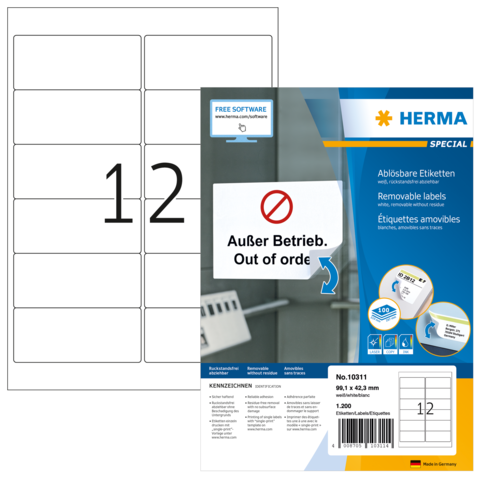 Ablösbare Etiketten mit der Aufschrift "Außer Betrieb" und "Out of order", verpackt von Herma, mit 12 Etiketten pro Bogen.