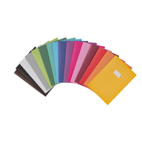 Verschillende gekleurde mappen, gerangschikt in een vak. Kleuren omvatten blauw, groen, roze, geel en meer.