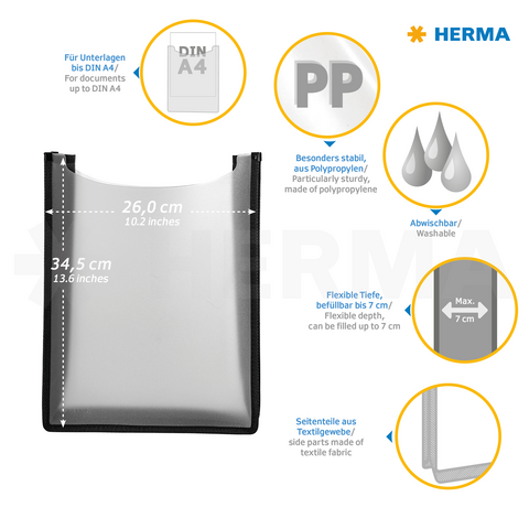 Transparente Kunststofftasche aus Polypropylen, 34,5 cm hoch und 26 cm breit, flexibel bis 7 cm, waschbar und stabil.