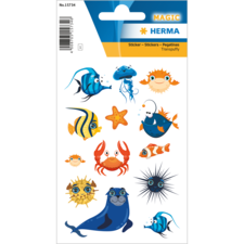 Bunte Aufkleber mit verschiedenen Meereslebewesen, darunter Fische, ein Krebs, ein Seestern und eine Robbe.