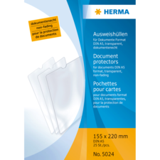Ausweishüllen für Dokumente im DIN A5-Format, transparent und dokumentenecht, Packung mit 25 Stück. Größe: 155 x 220 mm.