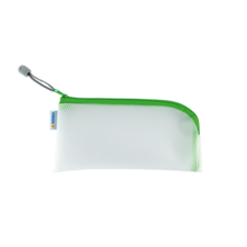 Transparente Federtasche mit grünem Reißverschluss und grauem Anhänger. Ideal für Stifte und kleine Utensilien.