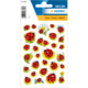 Aufkleberbogen mit verschiedenen Marienkäfern in Rot und Schwarz, umgeben von Blumen und Blättern.