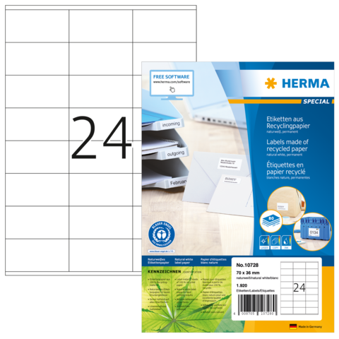 Etikettenbogen mit 24 Etiketten, hergestellt aus Recyclingpapier, verpackt von Herma. Enthält Informationen zur Software und Anwendung.