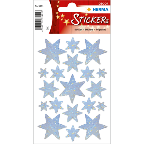 Blaue Sternaufkleber in verschiedenen Größen, verziert mit glitzernden Elementen, auf einer Verpackung mit dem Titel "Stickers".