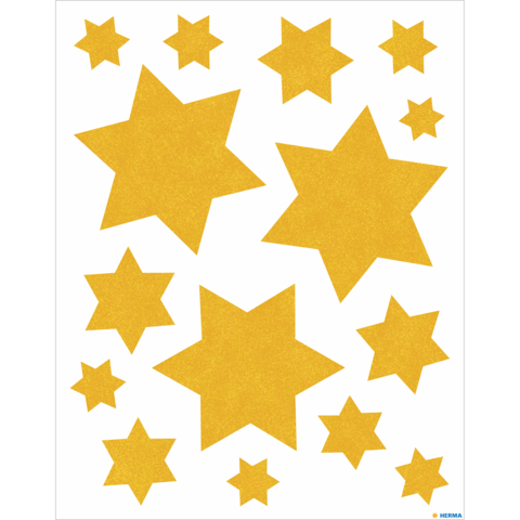 Goldene Sterne in verschiedenen Größen auf weißem Hintergrund, verteilt in einem gleichmäßigen Muster.