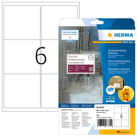 Etikettenbogen mit sechs leeren Feldern, verpackt in einer transparenten Hülle. Hinweise zu strapazierfähigen Etiketten und Software sind sichtbar.