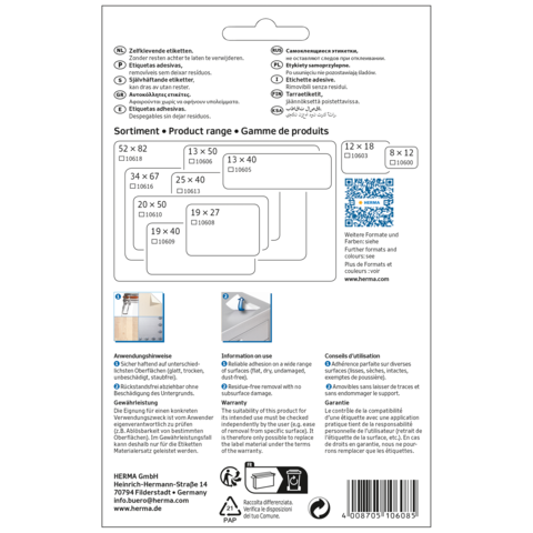 Produktinformationen und Größenangaben für Etiketten von HERMA GmbH, einschließlich Anwendungshinweisen und QR-Code.