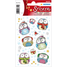 Bunte Aufkleber mit cartoonhaften Eulen in Winterkleidung, die Mützen und Schals tragen, umgeben von Schneeflocken und Sternen.
