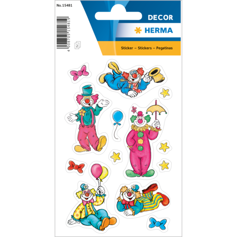Bunte Clown-Sticker in verschiedenen Posen, einige mit Ballons und Regenschirm, auf einem weißen Hintergrund.