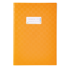 Ein orangefarbenes Notizbuch mit einem weißen Etikett auf der Vorderseite, das Platz für eine Beschriftung bietet.