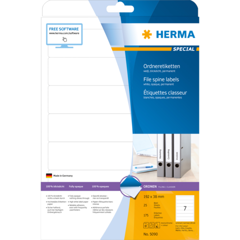 Ordneretiketten von Herma, 25 Stück, permanent haftend, für beschreibbare Rückenetiketten, inklusive kostenloser Software.