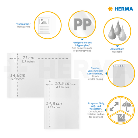 Transparante polypropyleen hoezen met afwasbaar materiaal, stevige randen en waterdichte eigenschappen. Afmetingen: 21 x 14,8 cm en 10,5 x 14,8 cm.