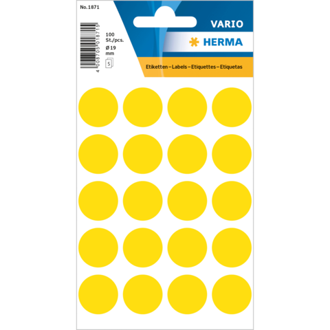 Gelbe runde Etiketten auf einem Bogen, insgesamt 100 Stück, mit einem Durchmesser von 19 mm.