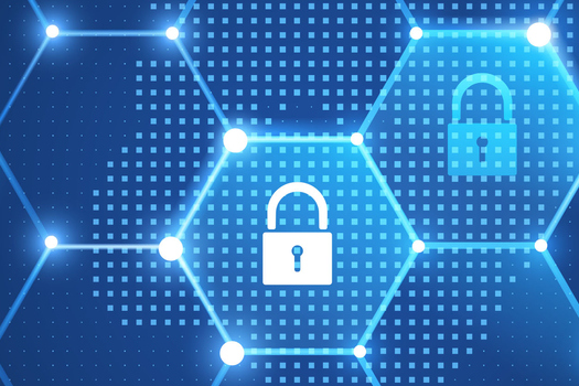 Een digitaal netwerk met hexagonale patronen en slot symbolen, dat veiligheid en privacy vertegenwoordigt.