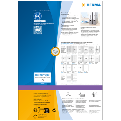 HERMA Etikettenübersicht mit QR-Code, Softwarehinweisen und Anwendungsbeispielen für Etiketten auf Papier.
