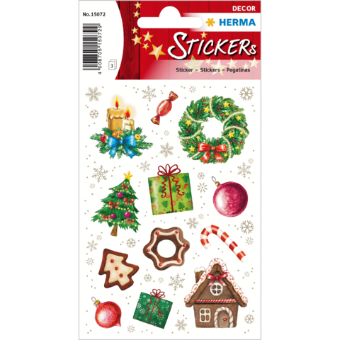 Weihnachtliche Aufkleber mit Kerzen, Geschenken, einem Weihnachtsbaum, Süßigkeiten, einem Lebkuchenhaus und Schneeflocken.