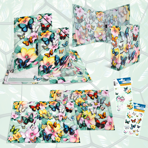 Vrolijke vlinders en bloemen op verschillende kaarten en een standaard, omringd door een heldere, gemusterde achtergrond.