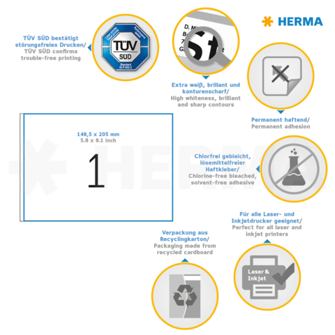 TÜV SÜD bevestigt storingsvrij afdrukken. Extra wit, briljant, permanent hechtend. Geschikt voor alle laser- en inkjetprinters. Verpakking van gerecycled karton.