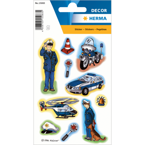 Polizeisticker-Set mit einem Polizisten, Motorrad, Auto, Hubschrauber, Verkehrshütchen und weiteren Polizeisymbolen.