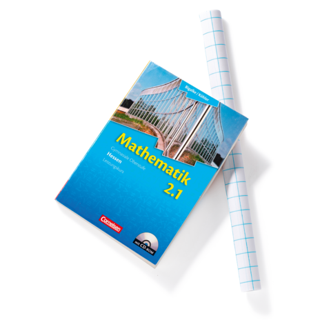 Mathebuch mit dem Titel "Mathematik 2.1" und einem blauen Cover, daneben ein Blatt kariertes Papier.