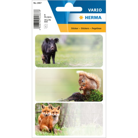 Drei Tieraufkleber: ein Wildschwein, ein Eichhörnchen und zwei Füchse, auf einem weißen Hintergrund mit Platz für Beschriftungen.