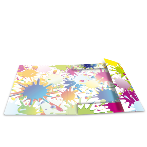 Bunte Mappe mit Farbklecksen in verschiedenen Formen und Größen, die auf einem hellen Hintergrund angeordnet sind.