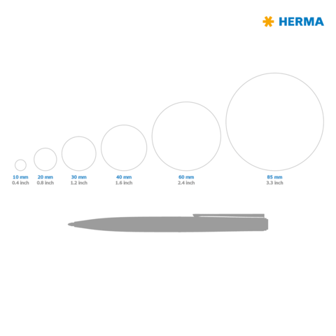 Eine Reihe von Kreisen in verschiedenen Größen, von 10 mm bis 85 mm, neben einem grauen Stift. Oben rechts das Logo "HERMA".