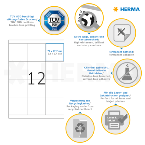 Etikettenblatt mit der Nummer 12, Informationen zu Druckqualität, Haftung, Recycling und Verwendung für Laser- und Inkjetdrucker.