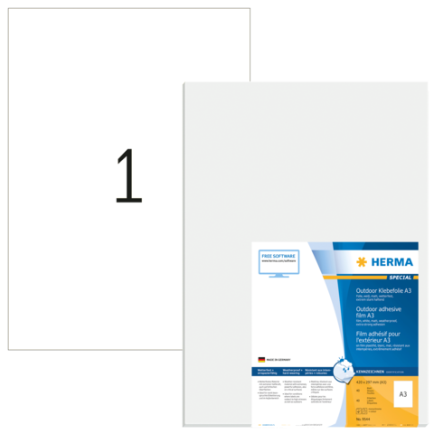 A3 Outdoor-Klebefolie von HERMA, mit Produktinformationen und Anwendungshinweisen auf der Vorderseite.