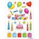 Bunte Geburtstagsdekoration mit Luftballons, Geschenken, Kerzen, einer Torte und dem Schriftzug „Happy Birthday“.