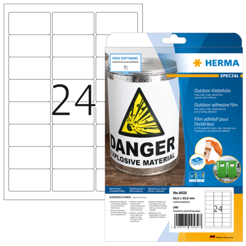 Aufkleberpackung mit Warnsymbol für explosive Materialien und einem Blatt mit 24 leeren Etiketten.