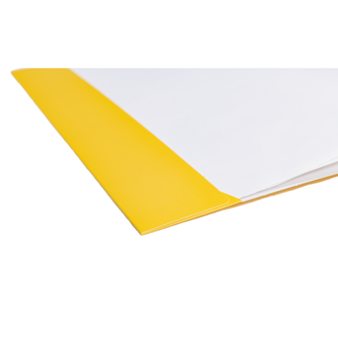 Ein gelbes Dokumentenblatt mit einer weißen Fläche, das an einer Kante gefaltet ist. Ideal für die Aufbewahrung von Unterlagen.