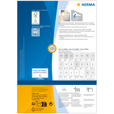 HERMA Produktinformation mit Details zu Etiketten, Software und Anwendungshinweisen. Enthält QR-Code und Kontaktinformationen.
