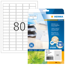 Etikettenblatt mit 80 leeren Etiketten, verpackt in einer durchsichtigen Hülle. Hersteller: HERMA, aus Recyclingpapier.