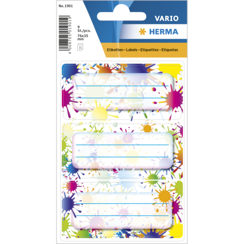 Bunte Etiketten mit Linien zum Beschriften, verpackt in einer transparenten Hülle. Enthält mehrere Etiketten in verschiedenen Farben.