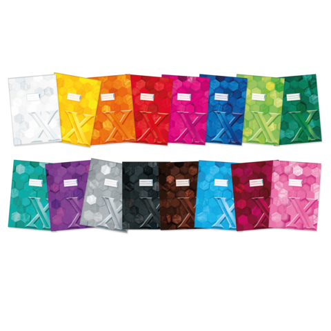 Bunte Notizhefte in verschiedenen Farben, angeordnet in zwei Reihen. Jedes Heft hat ein Feld für eine Beschriftung.