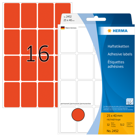 Rote Haftetiketten auf einem Bogen, mit 16 Etiketten pro Blatt, verpackt in einer transparenten Hülle.