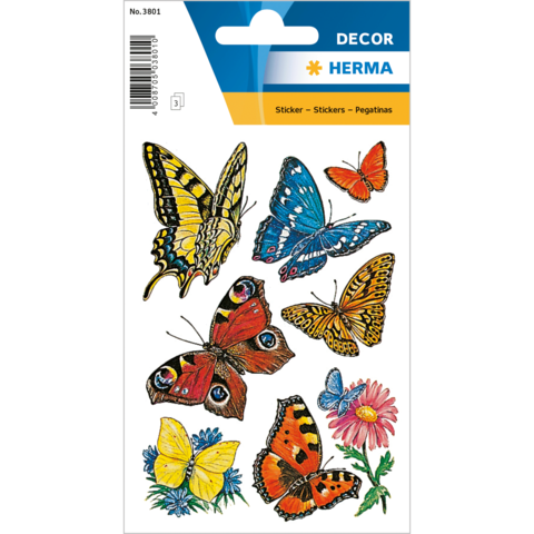 Bunte Schmetterlingsaufkleber in verschiedenen Arten und Farben, umgeben von Blumenmotiven. Ideal für Dekoration und Bastelprojekte.